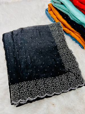 STITCH N SOLUS Embellished, Solid/Plain Bollywood Georgette Saree(Black)