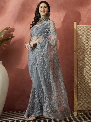 Sangria Embroidered Saree with Attached Blouse Net Saree(Grey)