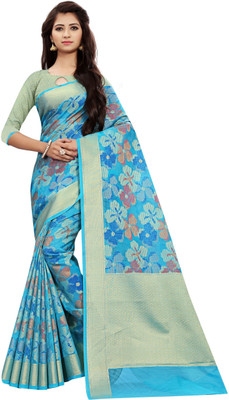 Kalaa Varsha Self Design, Woven Banarasi Silk Blend Saree(Light Blue)