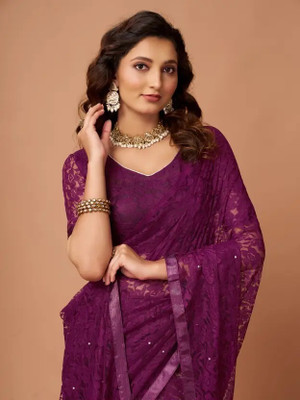 HouseOfCommon Floral Print Bollywood Net Saree(Purple)