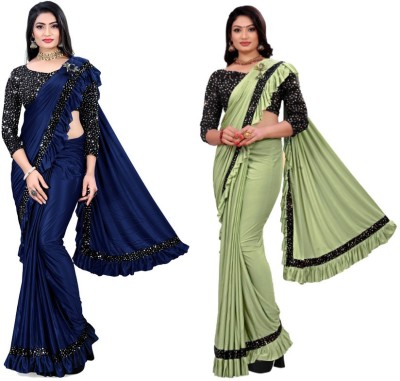 HARIOM FASHION Woven, Embellished, Solid/Plain Bollywood Lycra Blend Saree(Pack of 2, Multicolor)