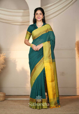 binita Self Design Handloom Cotton Blend Saree(Light Blue)