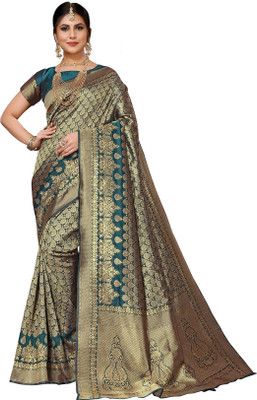 Priyashi Woven Banarasi Jacquard, Silk Blend Saree(Blue)