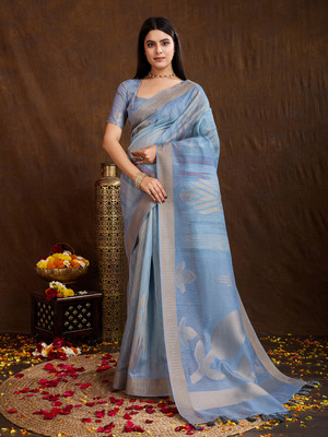 MANTROTSAV Floral Print Bollywood Art Silk Saree(Light Blue)