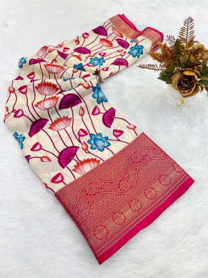 KV Fashion Digital Print Daily Wear Art Silk Saree(Cream)