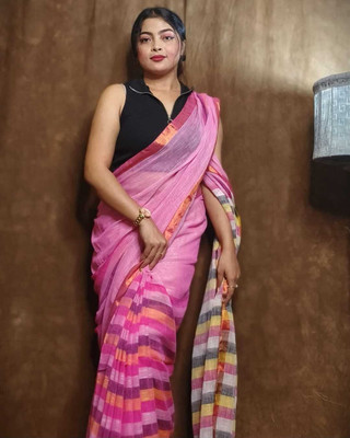 Mondal Hanloom Self Design Saree with Attached Blouse Linen Saree(Multicolor)