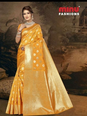 Minu Fashion Woven Bollywood Silk Blend, Pure Silk Saree(Yellow)