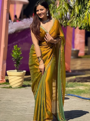 Madhav Creation Solid/Plain Mysore Chiffon Saree(Gold)