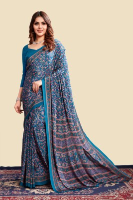 Jaanvi Fashion Digital Print Bollywood Crepe Saree(Blue)