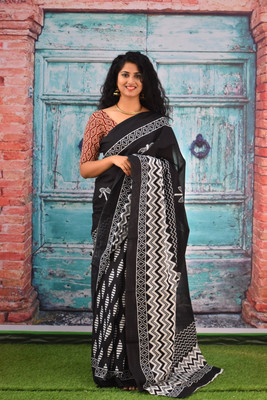 Clothonus Printed Sambalpuri Pure Cotton Saree(Black)