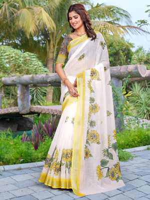 Anouk Rustic Digital Print Hand Batik Cotton Linen Saree(White)