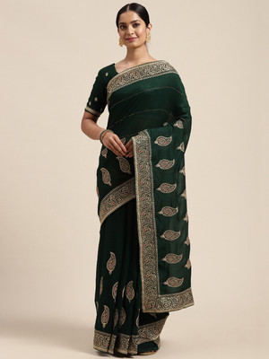 Divastri Embellished Kanjivaram Silk Blend Saree(Green)