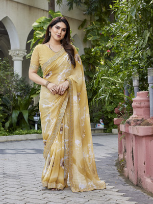 TTH Floral Print Bollywood Georgette Saree(Yellow, White)