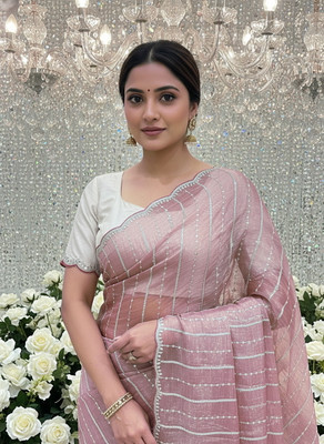 Sariya Embroidered, Embellished Bollywood Organza, Chiffon Saree(Pink)
