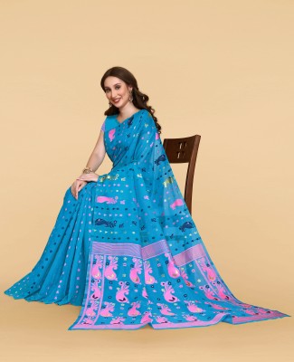 linza Woven Jamdani Cotton Linen Saree(Light Blue)