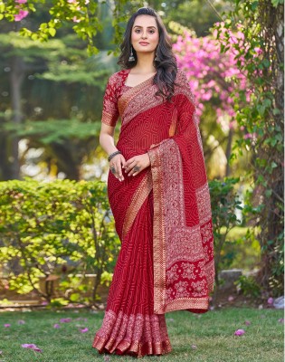 Satrani Geometric Print, Embellished, Printed Bollywood Georgette Saree(Red, White, Green)