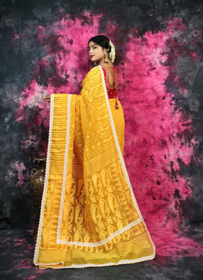 Hiya saree And Punjabi house Printed Jamdani Cotton Blend Saree(Black, Pink)