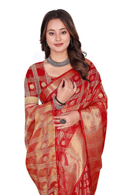 Aarunika SKT Solid/Plain Bollywood Organza Saree(Red)