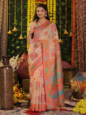 Divastri Woven Patola Cotton Linen Saree(White)
