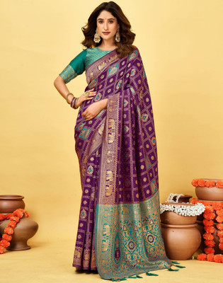 Satrani Woven, Embellished Banarasi Silk Blend Saree(Purple)