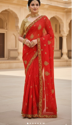 RIDDHI Embroidered, Printed Bandhani Georgette, Chiffon Saree(Red)