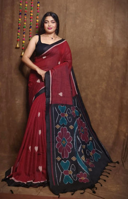 ANU INDIAN FASHION Woven Handloom Cotton Blend Saree(Maroon)