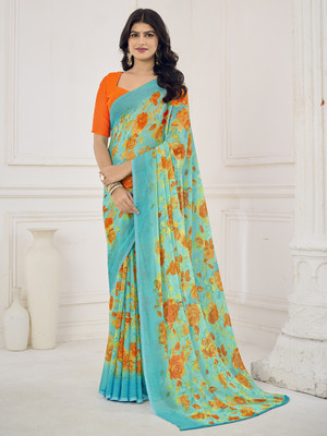 Divastri Floral Print, Geometric Print, Digital Print, Printed Bollywood Chiffon Saree(Blue)