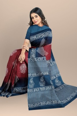 SAUMYA SPARSH Printed, Blocked Printed Handloom Pure Cotton Saree(Dark Blue, Maroon)