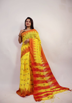 Anu Self Design Handloom Cotton Silk Saree(Yellow)
