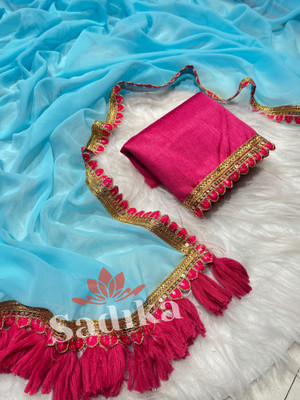 PRAMUKH HEAVAN Solid/Plain Bollywood Net, Art Silk Saree(Blue)