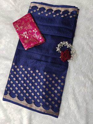 Sakhi Vastra Temple Border Saree with Attached Blouse Cotton Silk Saree(Dark Blue)
