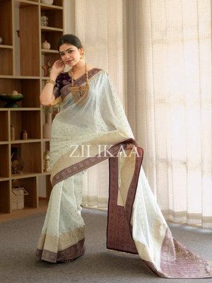 KRIYANSH Woven, Printed, Self Design, Temple Border, Applique, Striped Banarasi Jacquard, Cotton Silk Saree(White)