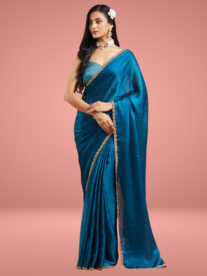 LOROFY Solid/Plain Bollywood Jimmy choo Saree(Blue)