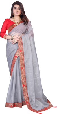 GAVUBAA Temple Border, Solid/Plain Bollywood Net Saree(Grey)