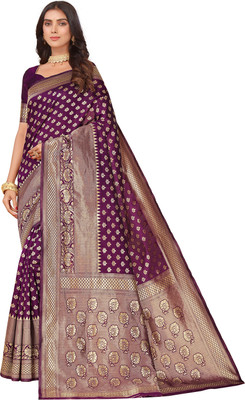 Leeza Store Woven Kanjivaram Cotton Silk Saree(Purple)