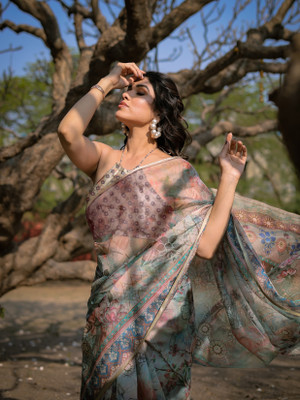 MIRCHI FASHION Printed, Floral Print Bollywood Organza Saree(Beige, Multicolor)