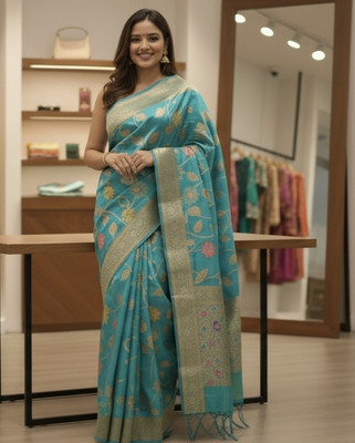 SABI SAREE Floral Print, Woven Banarasi Pure Silk Saree(Blue)