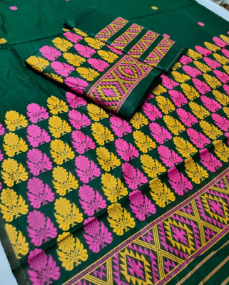 YINATZ KY GARCIA CREATION Self Design Mekhela Chador Cotton Silk Saree(Green)