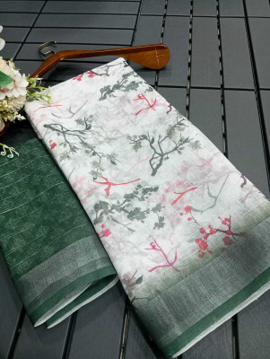 HouseOfCommon Printed Kanjivaram Linen, Cotton Linen Saree(Green, White)
