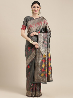Tasrika Woven Banarasi Silk Blend Saree(Grey)