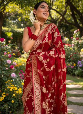 Bindi Woven Banarasi Silk Blend, Art Silk Saree(Red)
