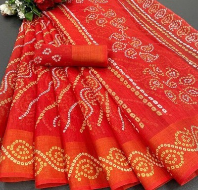 Suali Printed Bandhani Cotton Blend Saree(Orange)