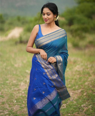 Bansari Textiles Embellished, Applique, Self Design, Woven, Temple Border Bollywood Art Silk Saree(Light Blue)