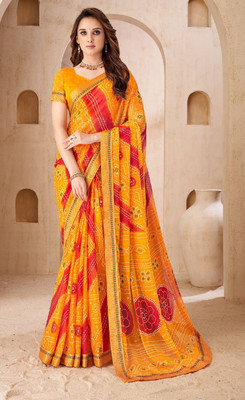 The Fashion Attire Geometric Print Bandhani Chiffon Saree(Yellow)
