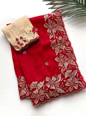 Elite Fashion Embroidered Bollywood Chiffon Saree(Red)