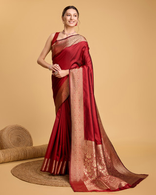 ZIBLON Self Design Saree with Attached Blouse Silk Blend Saree(Red)
