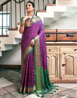 Satrani Woven, Self Design Patola Cotton Blend, Silk Blend Saree(Purple, Multicolor)