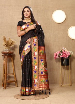 Niwaa Printed, Self Design, Embellished, Woven, Animal Print, Blocked Printed Paithani Jacquard, Silk Blend Saree(Black)