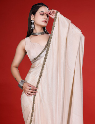 HouseOfCommon Solid/Plain, Embroidered Bollywood Chiffon Saree(Cream)