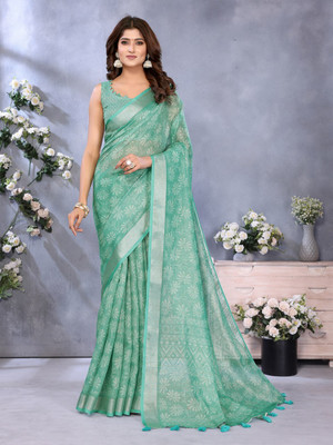BINAKA FASHION Floral Print, Geometric Print, Printed Daily Wear Jacquard, Cotton Linen Saree(Light Green)